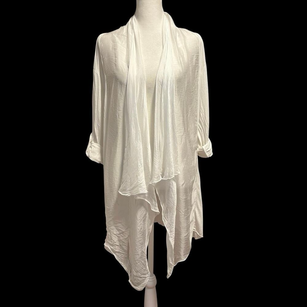 Saga Size L Cardigan Silk Cotton Blend White Roll Tab Sleeves Drapey Flowy